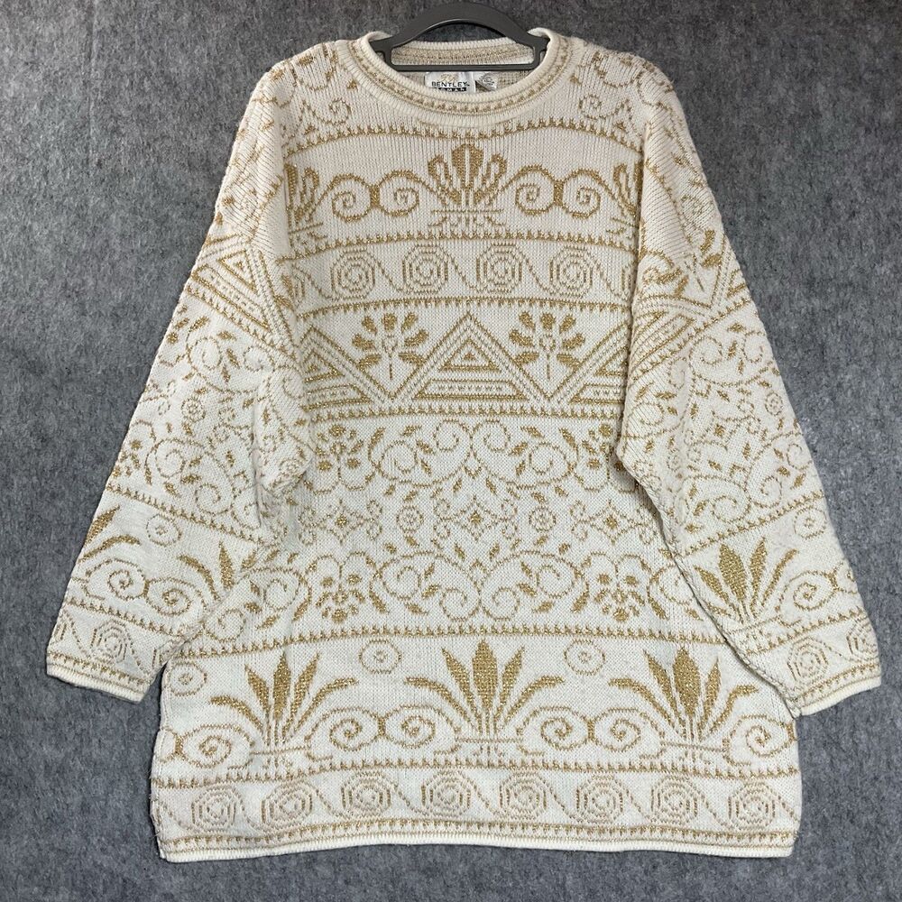Vintage Bentley Sweater Womens Plus 22W Cream Geometric Knit Pullover Retro USA